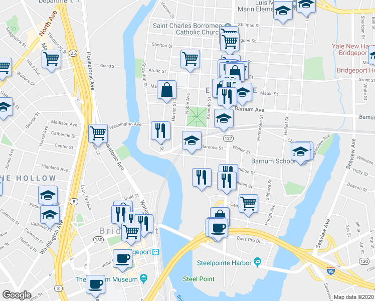 map of restaurants, bars, coffee shops, grocery stores, and more near 125 Pulaski Street in Bridgeport