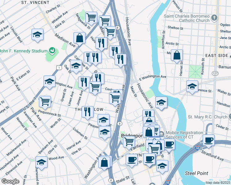 map of restaurants, bars, coffee shops, grocery stores, and more near 707 Washington Avenue in Bridgeport