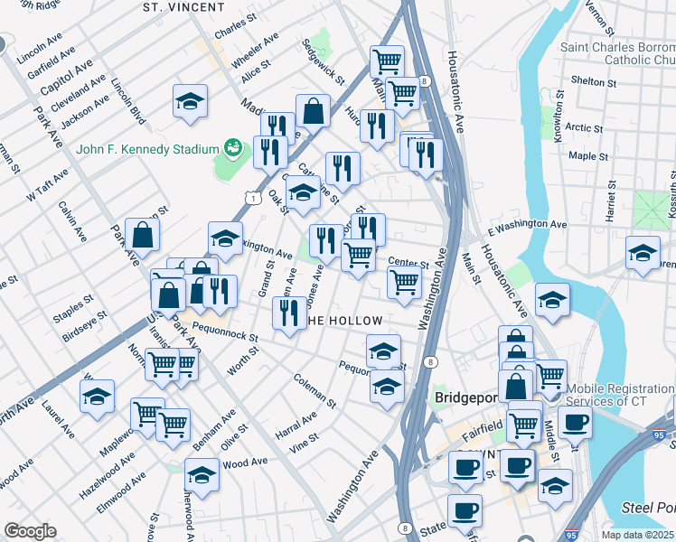 map of restaurants, bars, coffee shops, grocery stores, and more near 200 Calhoun Avenue in Bridgeport