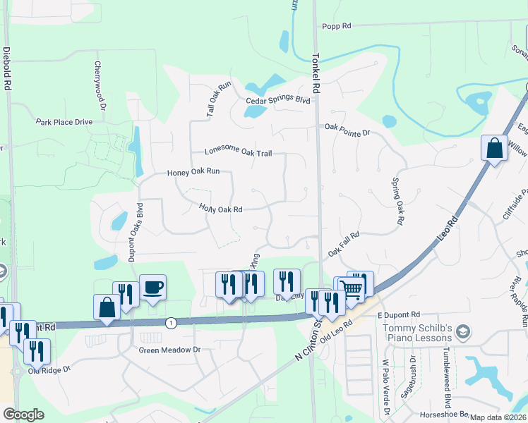 map of restaurants, bars, coffee shops, grocery stores, and more near 10877-10923 Brandy Oak Run in Fort Wayne