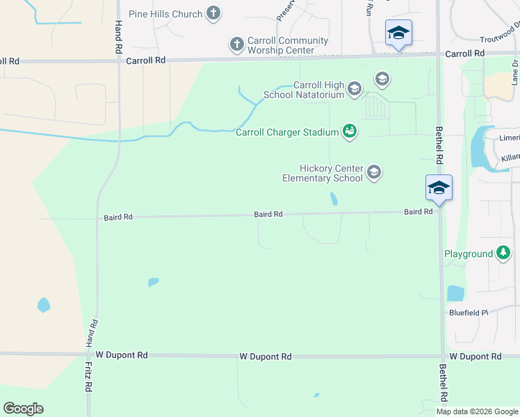 map of restaurants, bars, coffee shops, grocery stores, and more near 4709-5037 Baird Road in Fort Wayne