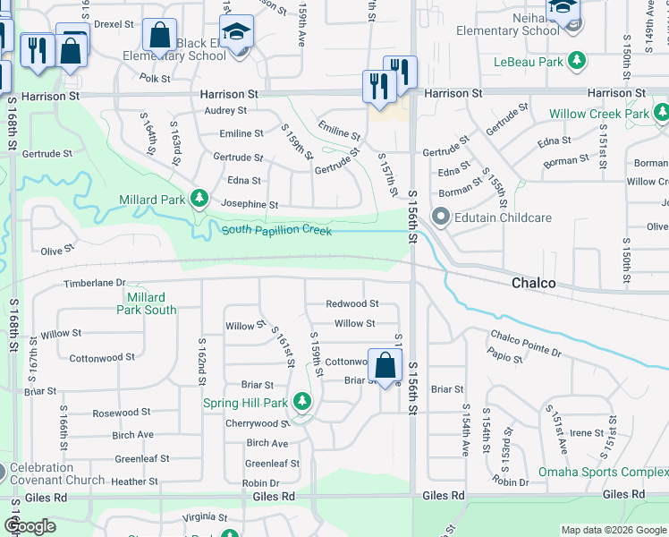 map of restaurants, bars, coffee shops, grocery stores, and more near 15817 Timberlane Drive in Omaha