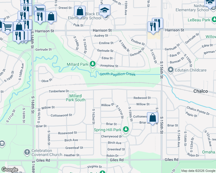 map of restaurants, bars, coffee shops, grocery stores, and more near 16109 Timberlane Drive in Omaha