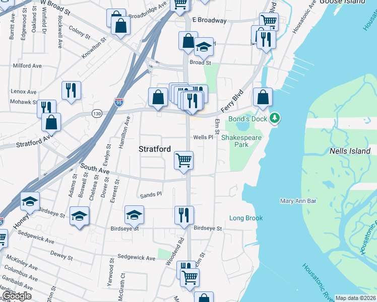 map of restaurants, bars, coffee shops, grocery stores, and more near 1732 Main Street in Stratford