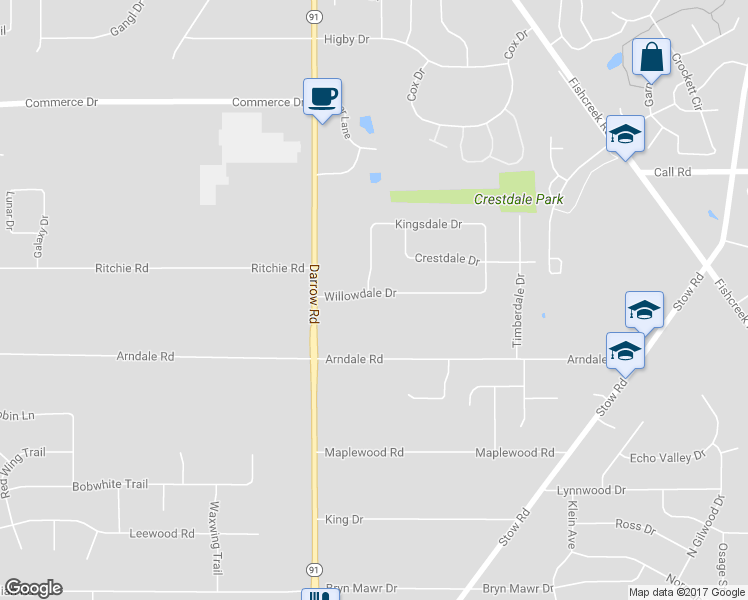 map of restaurants, bars, coffee shops, grocery stores, and more near 1956 Willowdale Drive in Stow