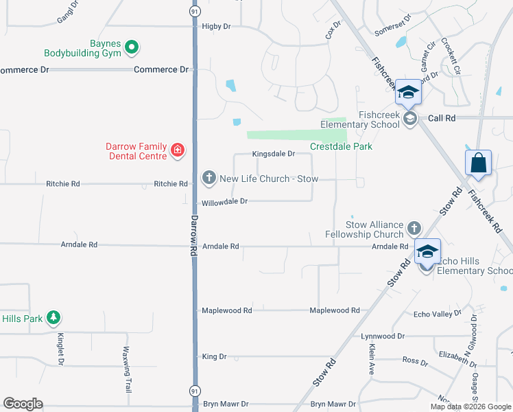 map of restaurants, bars, coffee shops, grocery stores, and more near 1992 Willowdale Drive in Stow