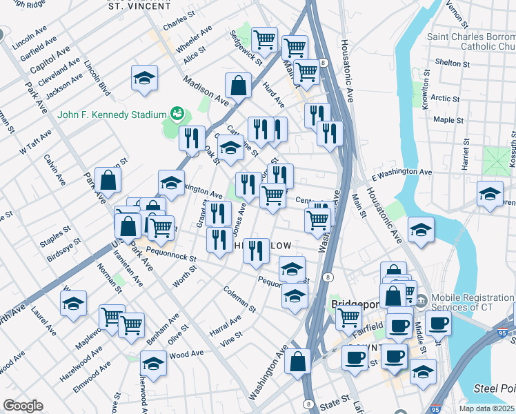 map of restaurants, bars, coffee shops, grocery stores, and more near 200 Calhoun Avenue in Bridgeport