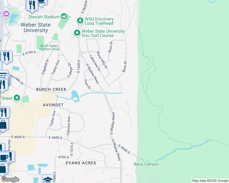map of restaurants, bars, coffee shops, grocery stores, and more near 4342 Bobwhite Court in Ogden