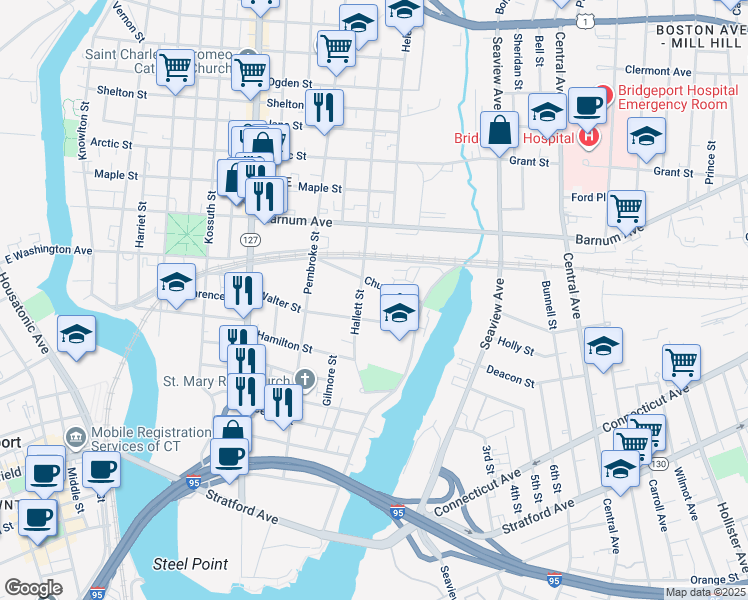 map of restaurants, bars, coffee shops, grocery stores, and more near 252 Hallett Street in Bridgeport