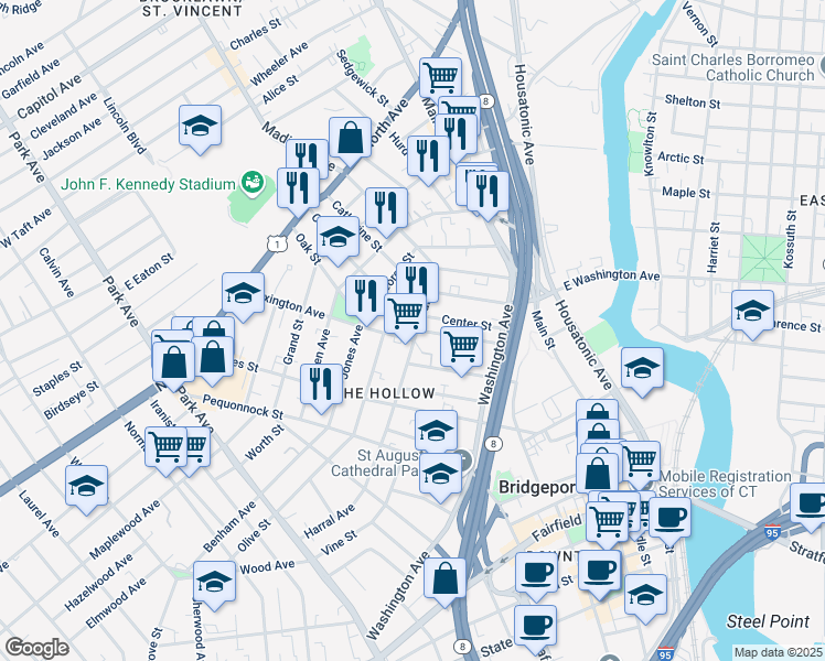map of restaurants, bars, coffee shops, grocery stores, and more near 533 Harral Avenue in Bridgeport