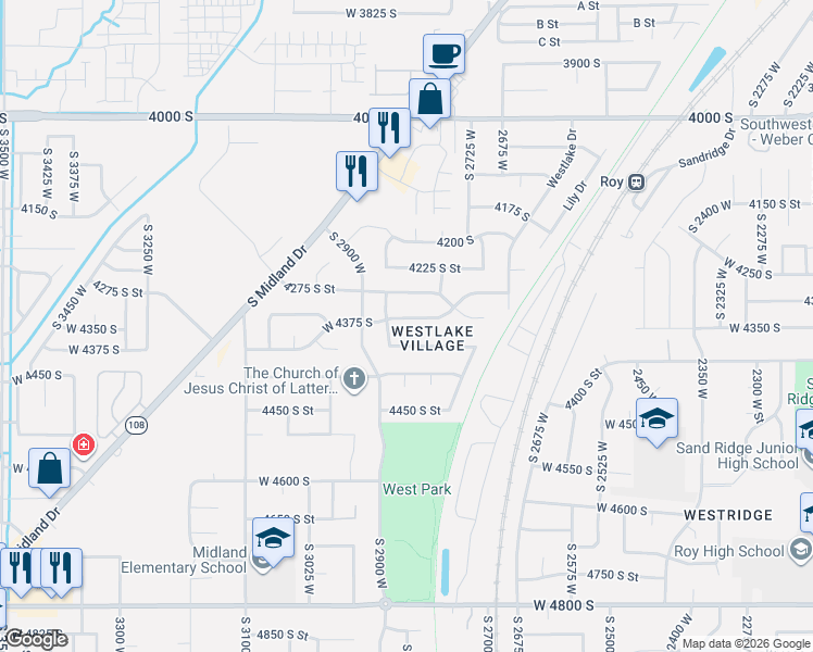 map of restaurants, bars, coffee shops, grocery stores, and more near 2859 West 4375 South in Roy