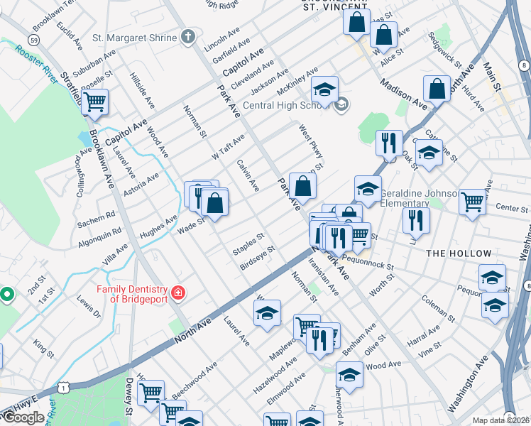 map of restaurants, bars, coffee shops, grocery stores, and more near 95 Eaton Street in Bridgeport