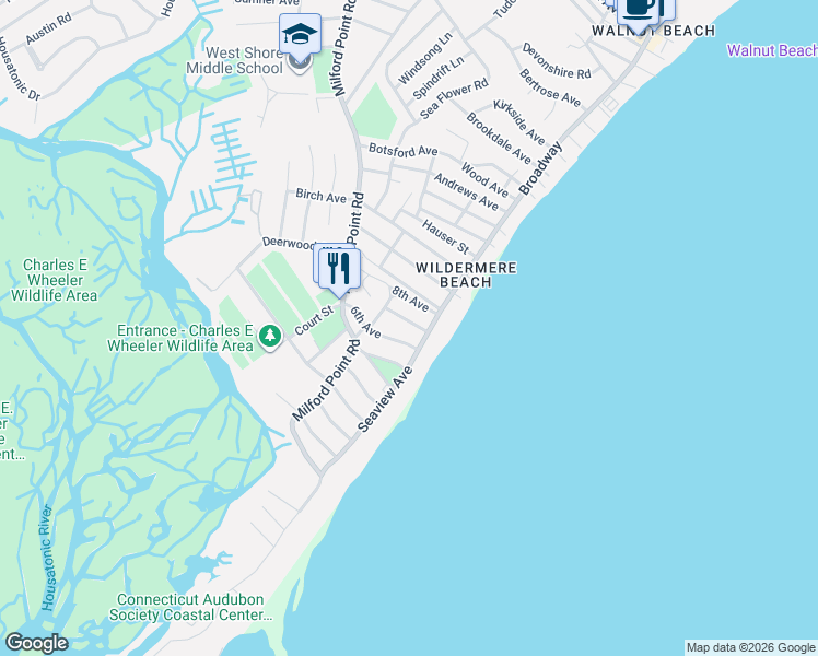 map of restaurants, bars, coffee shops, grocery stores, and more near 53 7th Avenue in Milford