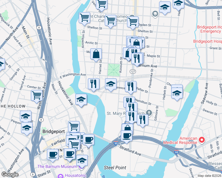 map of restaurants, bars, coffee shops, grocery stores, and more near 195 Pulaski Street in Bridgeport