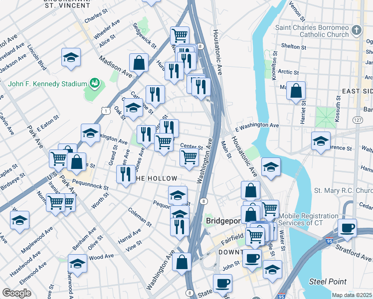 map of restaurants, bars, coffee shops, grocery stores, and more near 160 Highland Avenue in Bridgeport