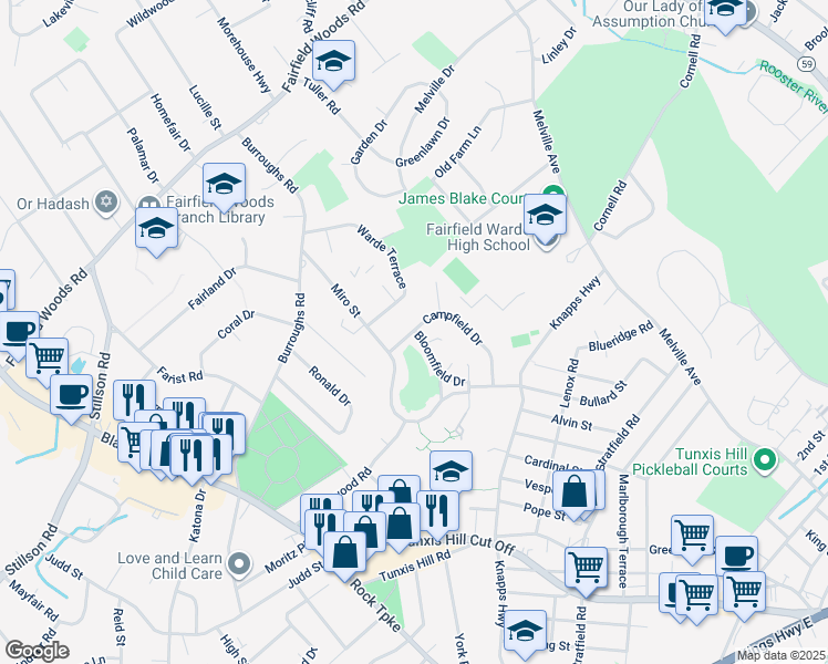map of restaurants, bars, coffee shops, grocery stores, and more near 25 Bloomfield Drive in Fairfield
