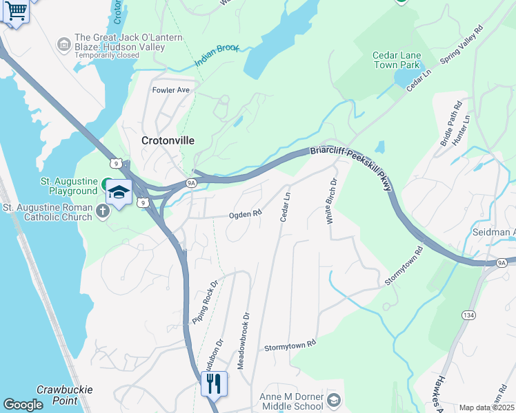 map of restaurants, bars, coffee shops, grocery stores, and more near 12 Briarcliff Drive South in Ossining