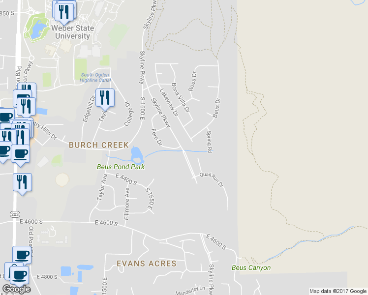 map of restaurants, bars, coffee shops, grocery stores, and more near 4312 South Skyline Parkway in Ogden