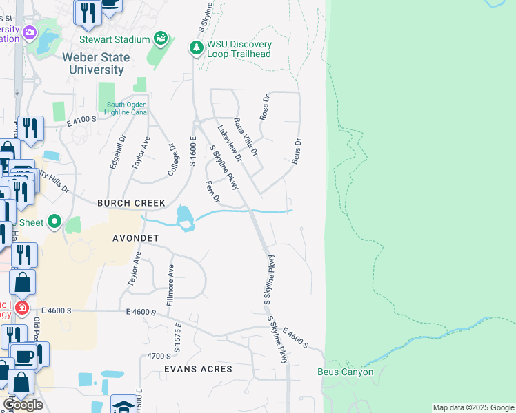 map of restaurants, bars, coffee shops, grocery stores, and more near 5304 South Skyline Parkway in Ogden