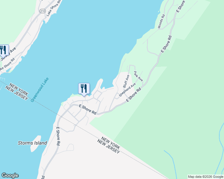 map of restaurants, bars, coffee shops, grocery stores, and more near 33 Shore Avenue in Greenwood Lake