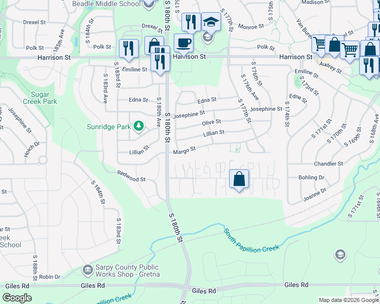 map of restaurants, bars, coffee shops, grocery stores, and more near 17839 Margo Street in Omaha