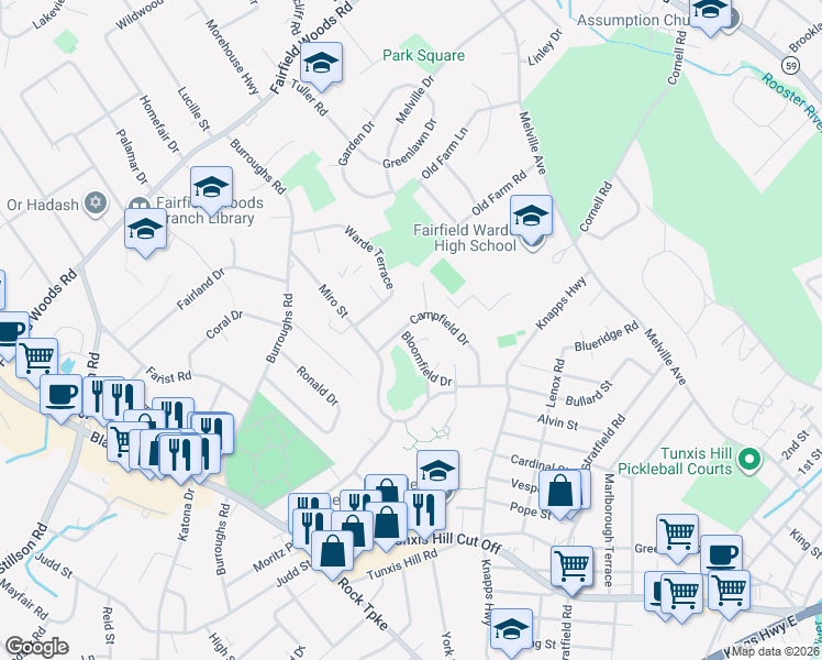map of restaurants, bars, coffee shops, grocery stores, and more near 67 Campfield Drive in Fairfield
