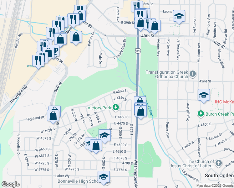 map of restaurants, bars, coffee shops, grocery stores, and more near 277 East 4300 South in Ogden