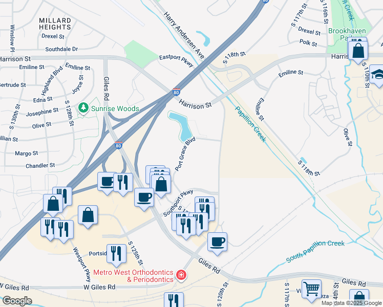 map of restaurants, bars, coffee shops, grocery stores, and more near 7700 Eastport Parkway in La Vista