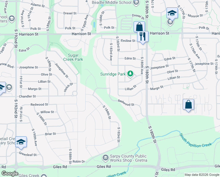 map of restaurants, bars, coffee shops, grocery stores, and more near 7844 South 184th Street in Omaha