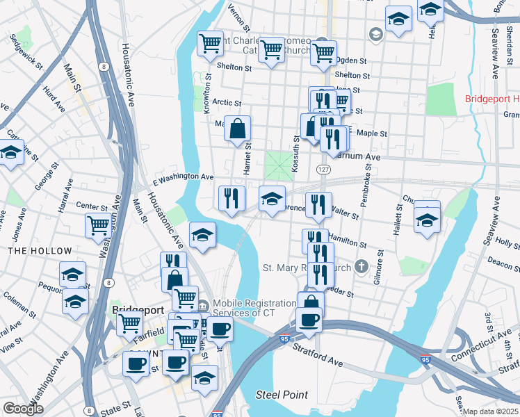 map of restaurants, bars, coffee shops, grocery stores, and more near 125 Pulaski Street in Bridgeport