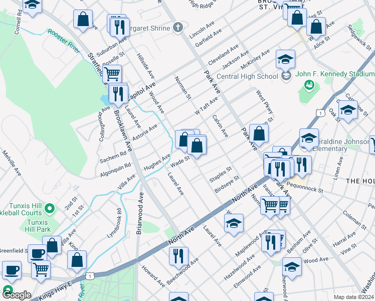 map of restaurants, bars, coffee shops, grocery stores, and more near 909 Wood Avenue in Bridgeport