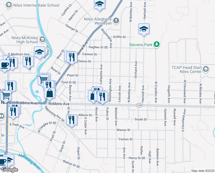 map of restaurants, bars, coffee shops, grocery stores, and more near 49 Washington Avenue in Niles