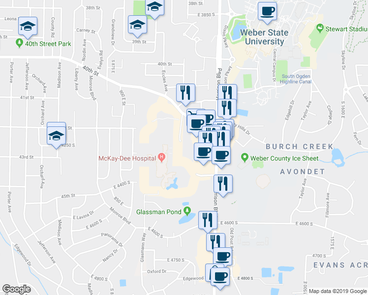 map of restaurants, bars, coffee shops, grocery stores, and more near 1113 Country Hills Drive in Ogden