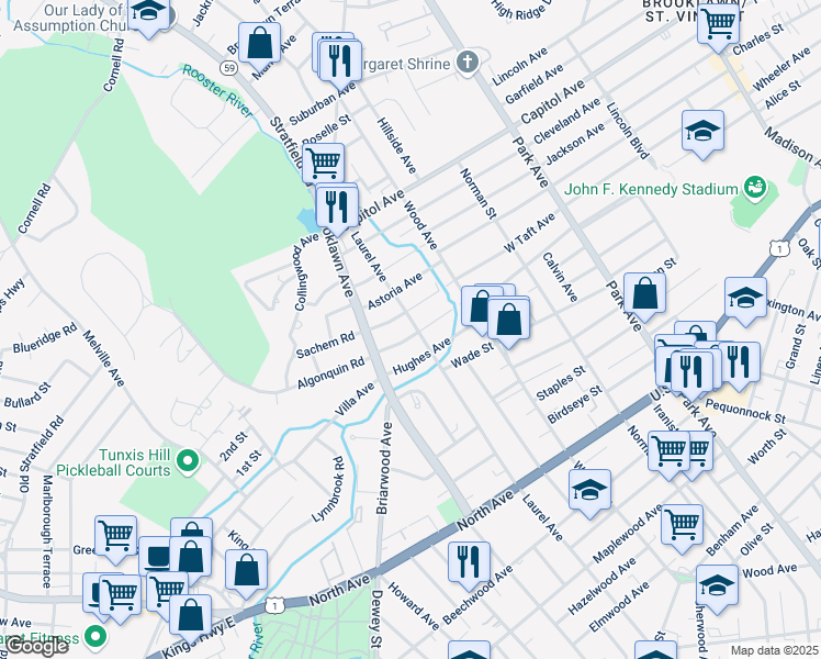 map of restaurants, bars, coffee shops, grocery stores, and more near 136 Laurel Place in Bridgeport