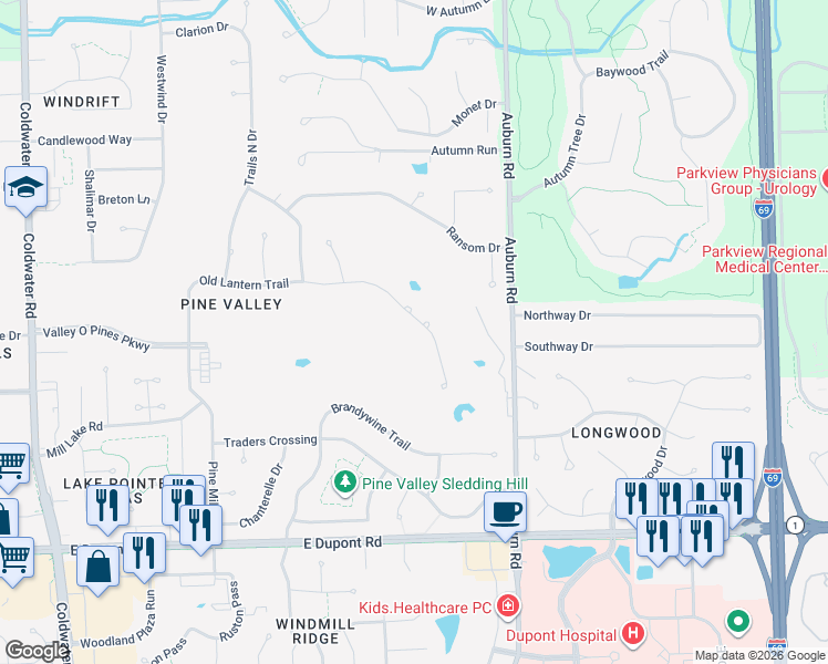 map of restaurants, bars, coffee shops, grocery stores, and more near 10807 Old Colony Rd in Fort Wayne
