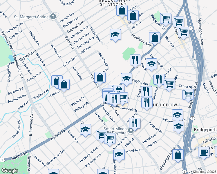 map of restaurants, bars, coffee shops, grocery stores, and more near 57 Petrie Street in Bridgeport