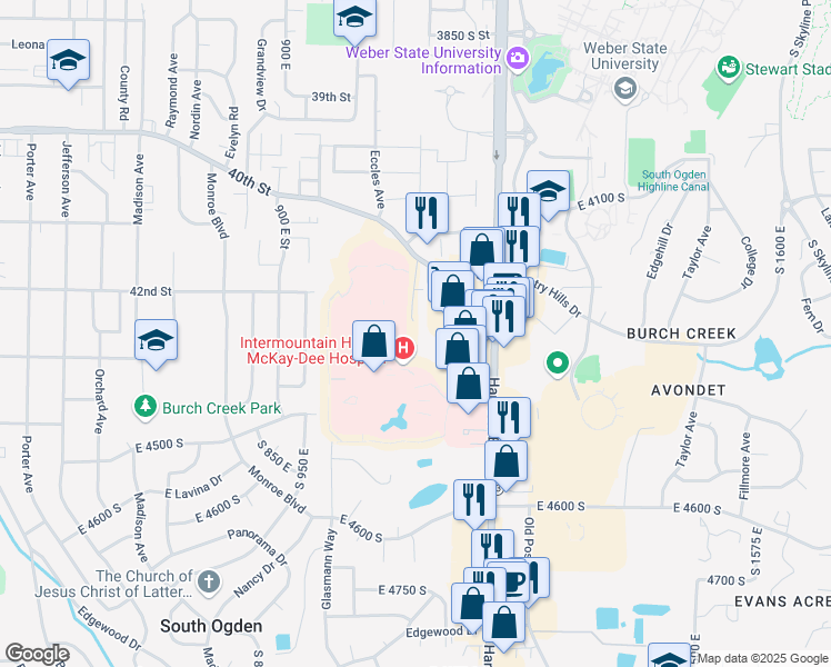 map of restaurants, bars, coffee shops, grocery stores, and more near 1113 Country Hills Drive in Ogden