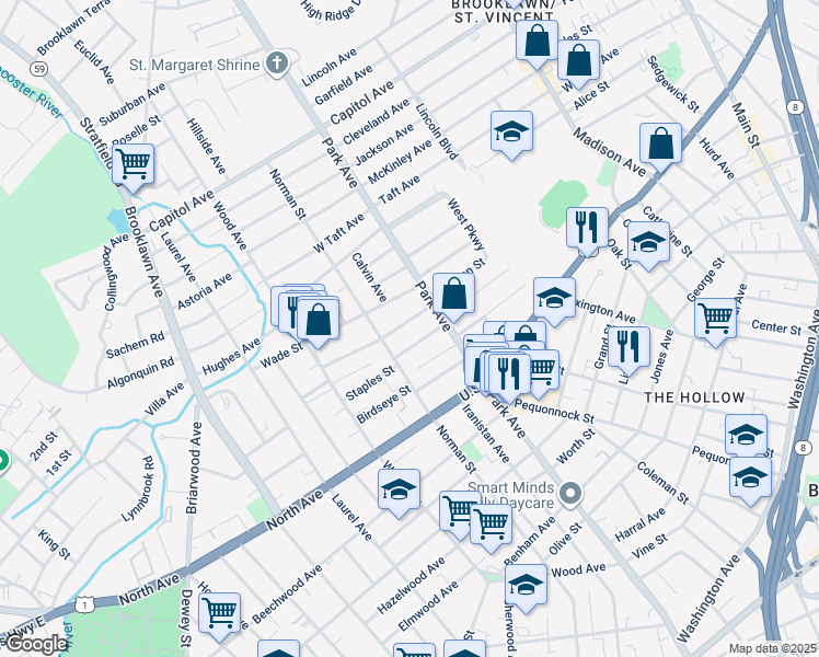 map of restaurants, bars, coffee shops, grocery stores, and more near 61 Merchant Street in Bridgeport