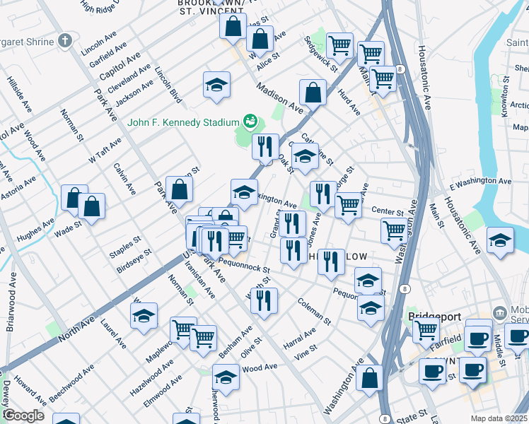 map of restaurants, bars, coffee shops, grocery stores, and more near 138a Chestnut Street in Bridgeport
