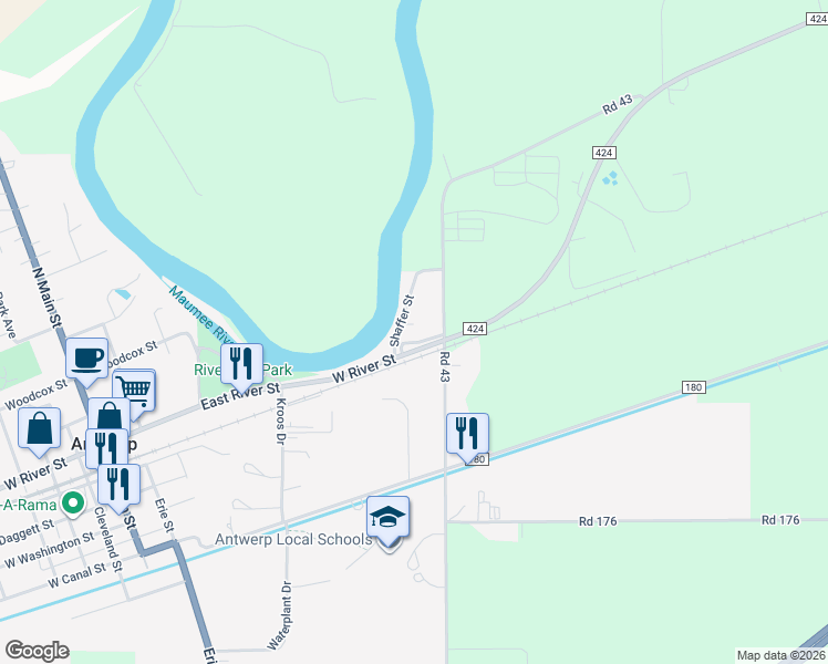 map of restaurants, bars, coffee shops, grocery stores, and more near 448-454 W River St in Antwerp
