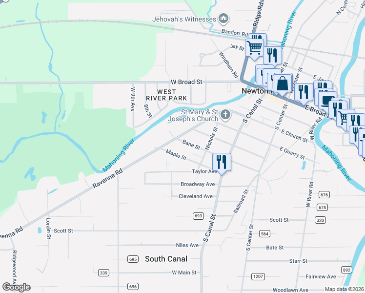 map of restaurants, bars, coffee shops, grocery stores, and more near 231 Maple Street in Newton Falls
