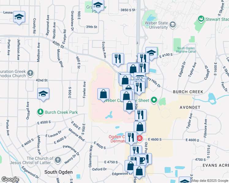 map of restaurants, bars, coffee shops, grocery stores, and more near 4401 Harrison Boulevard in Ogden