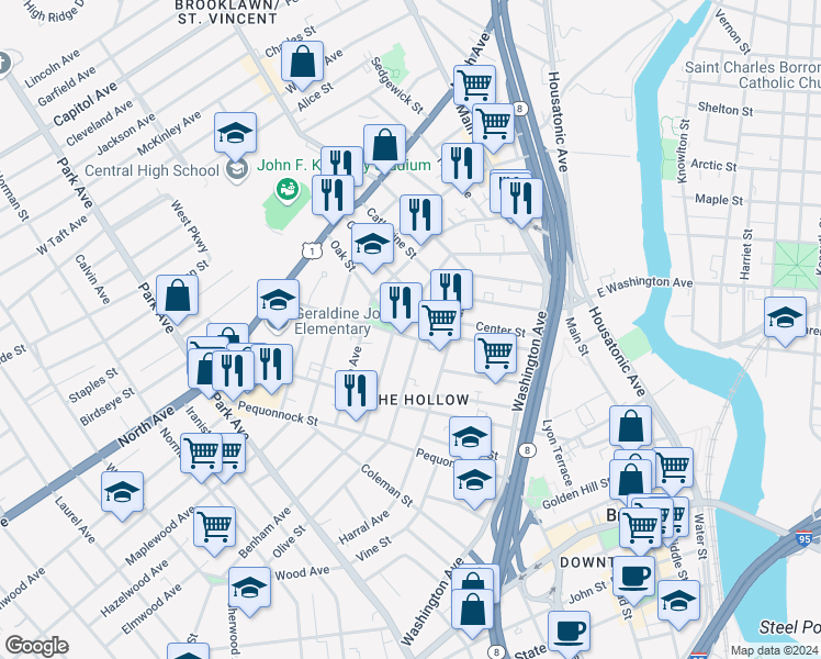 map of restaurants, bars, coffee shops, grocery stores, and more near 200 Calhoun Avenue in Bridgeport