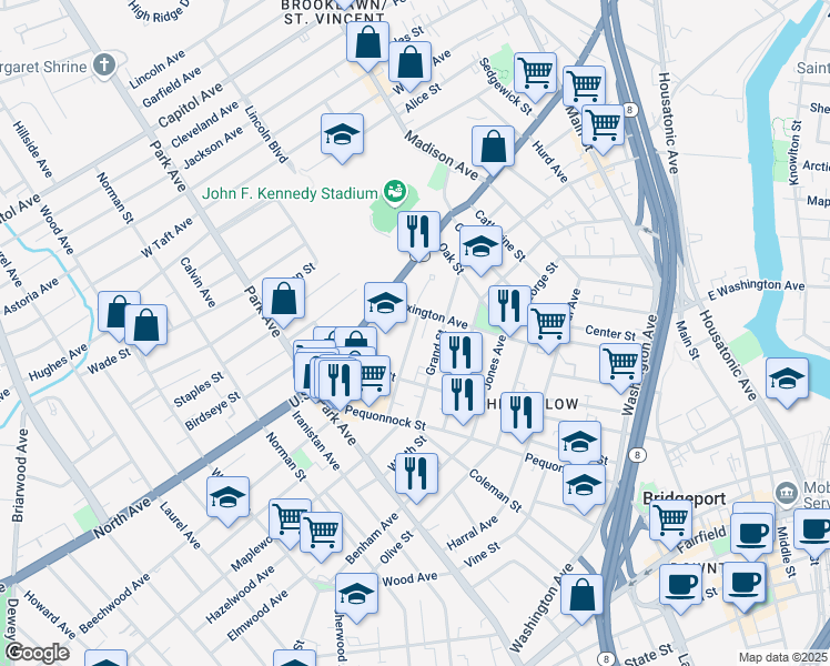 map of restaurants, bars, coffee shops, grocery stores, and more near 138a Chestnut Street in Bridgeport