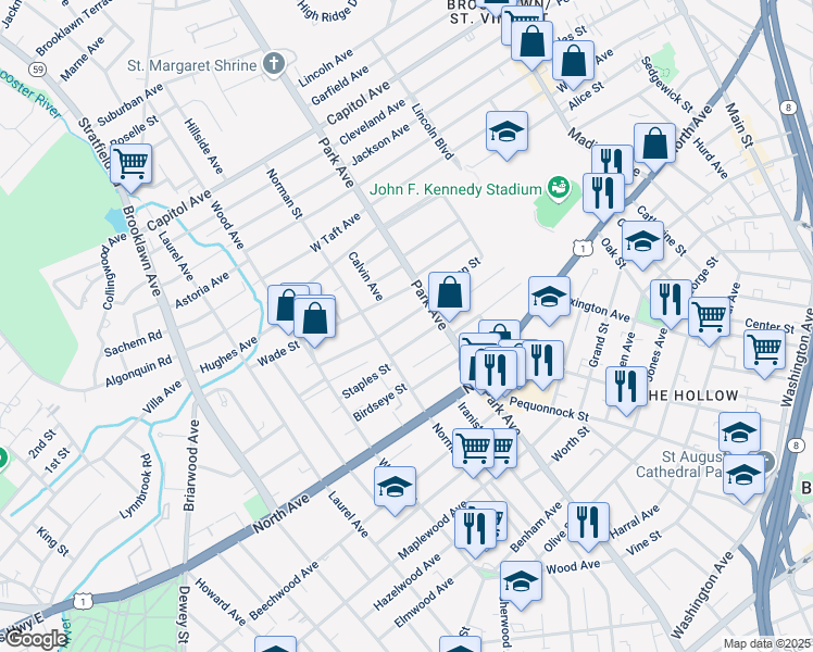 map of restaurants, bars, coffee shops, grocery stores, and more near 61 Merchant Street in Bridgeport