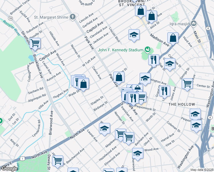 map of restaurants, bars, coffee shops, grocery stores, and more near 61 Merchant Street in Bridgeport