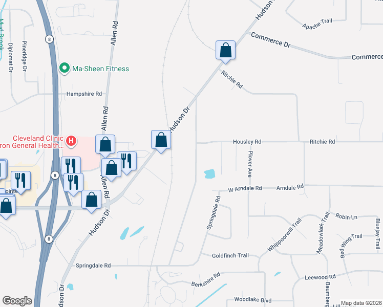 map of restaurants, bars, coffee shops, grocery stores, and more near 4330 Ellsworth Road in Stow