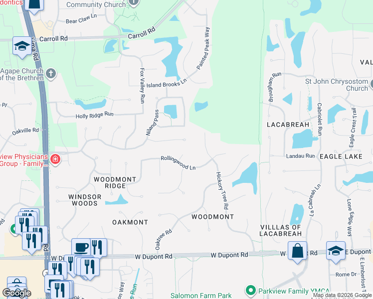 map of restaurants, bars, coffee shops, grocery stores, and more near 11025 Hickory Branch Court in Fort Wayne