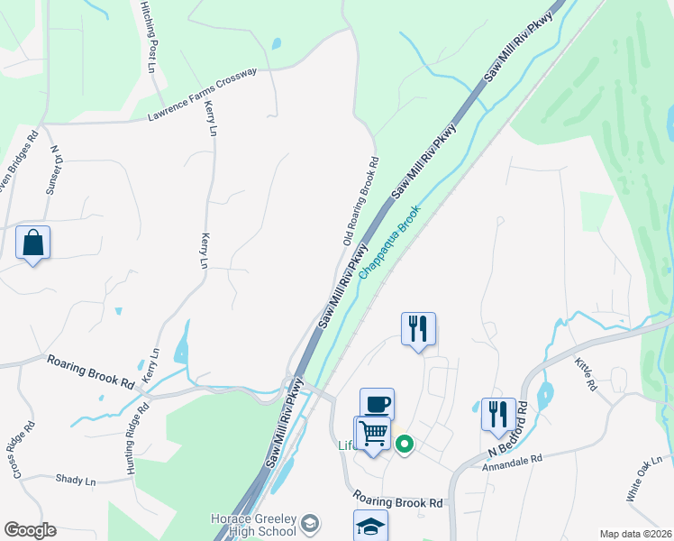 map of restaurants, bars, coffee shops, grocery stores, and more near Saw Mill River Parkway in Mount Kisco