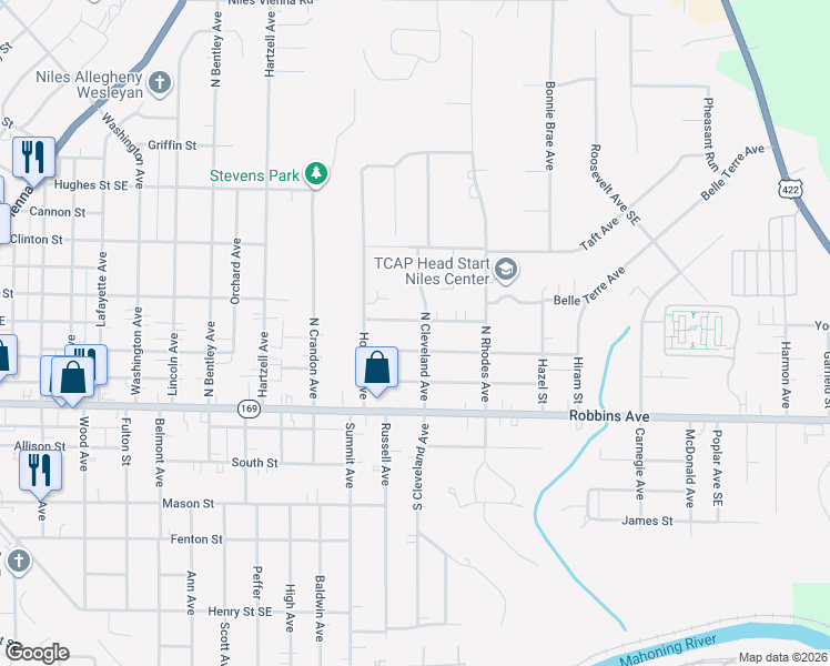 map of restaurants, bars, coffee shops, grocery stores, and more near 1363 Clark Street in Niles